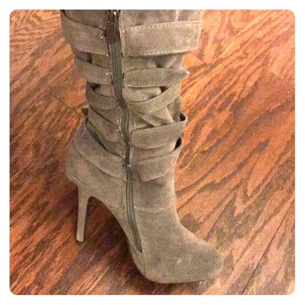 Fur-lined gray suede mid calf high heel boots